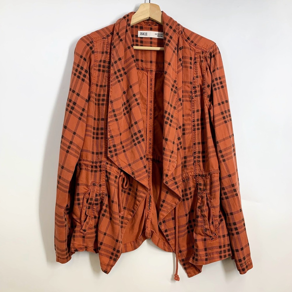 BKE Women's Plaid‎ Duster Cardigan Jacket Size Medium Waterfall Front Drawstring